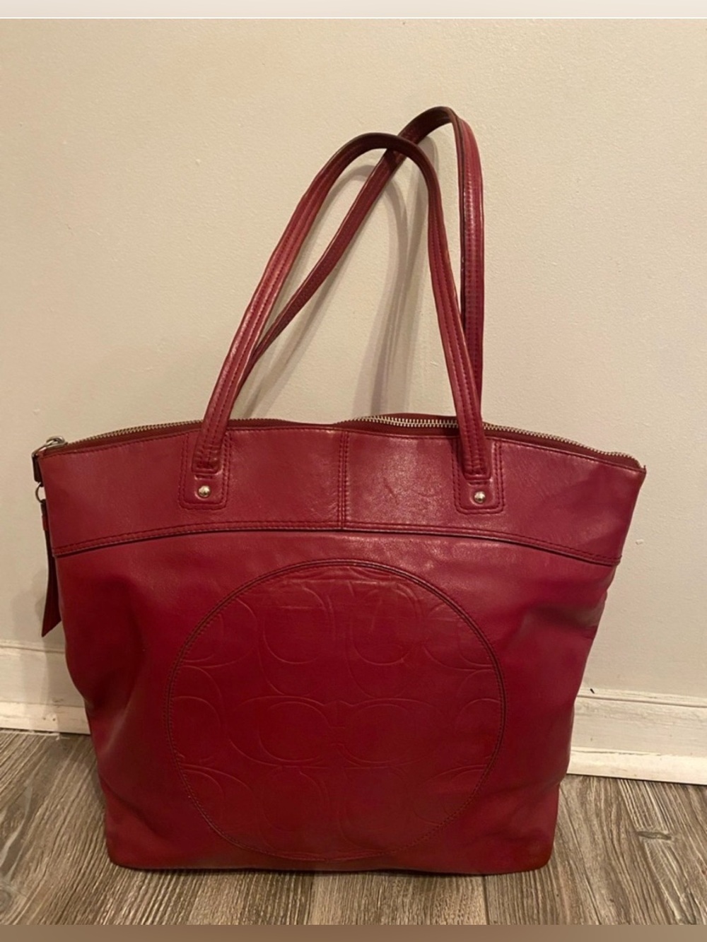 Coach Red Leather C Embossed Tote Bag